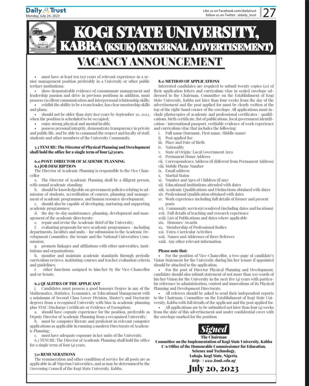 Kogi State University, Kabba Announces External Advertisement For It’s Principal Officers