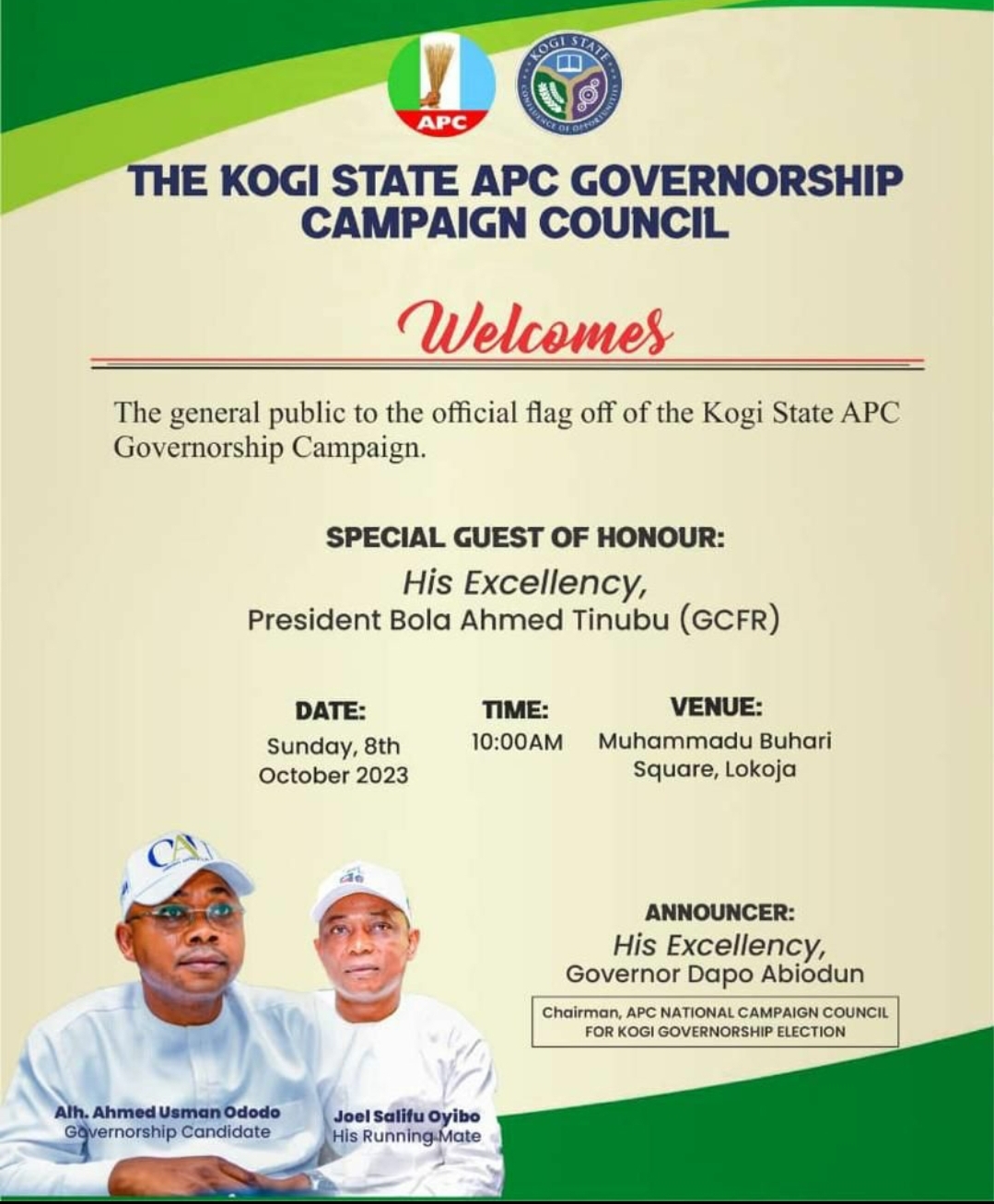 KOGI APC TO FLAG OFF GOVERNORSHIP CAMPAIGN RALLY ON SUNDAY 8TH OCTOBER 2023