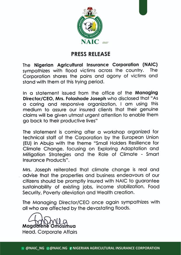 Nigerian Agricultural Insurance Corporation Sympathizes With Flood Victims Across The Country, Assures That Their Genuine Claims Will Be Given Utmost Urgent Attention